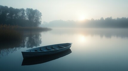 A Single Rowboat on a Still Lake at Sunrise