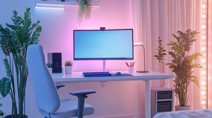 white gaming desk setup with pink and blue lighting