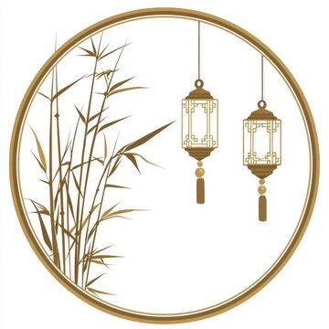 Chinese Lanterns and Bamboo in a Circular Frame
