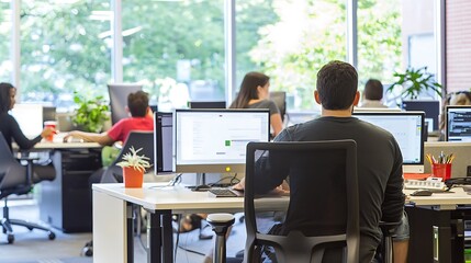 A high-resolution photo of a diverse group of professionals working at shared workstations in a bright, open office, with a focus on digital collaboration and teamwork