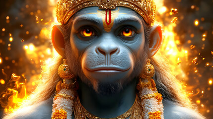 A vibrant depiction of a monkey deity with fiery background and ornate jewelry.