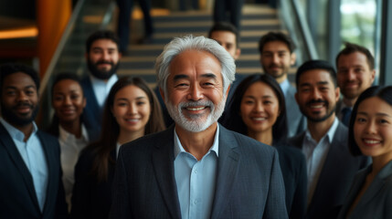 A group of business people smiling and standing together, with diversity in age and gender.