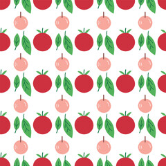 A pattern of red apples and green leaves. The apples are arranged in a row and the leaves are scattered around them. The image has a playful and whimsical feel to it