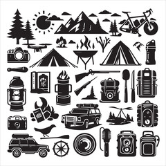 Camping Round Compositions bundle silhouette elements set in a white background 