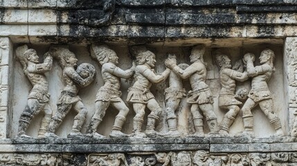 The detailed stone carvings of the Ball Court at Chichen Itza, showing ancient Mayan players and deities.