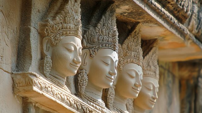 The detailed stone carvings of devatas (female deities) on the walls of Angkor Wat. --ar 16:9