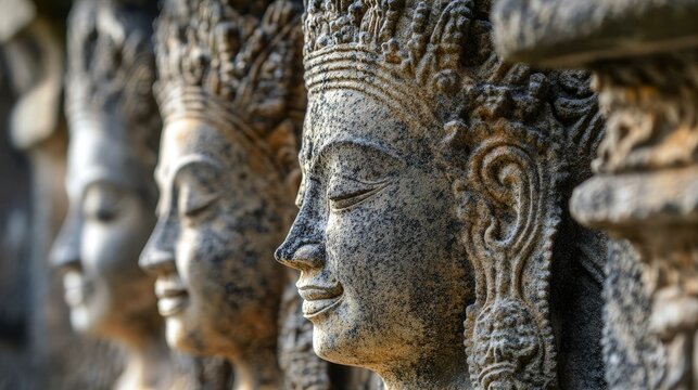 The detailed stone carvings of devatas (female deities) on the walls of Angkor Wat. --ar 16:9