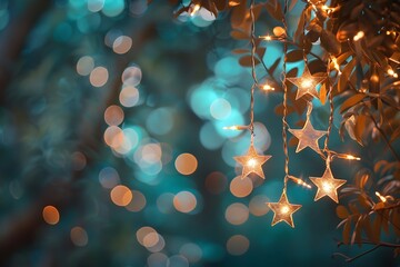 A close-up of a gold star ornament hanging on a Christmas tree with soft-focus lights in the background, creating a festive and warm holiday atmosphere.,A close-up of a Christmas ornament shaped like
