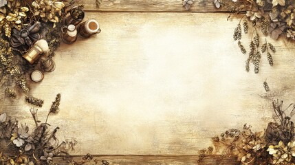 A rustic Oktoberfest beer hall scene featuring a man in lederhosen holding a stein of beer, standing near a wooden table covered in traditional Bavarian food. The backdrop includes hanging hops and