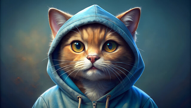 Portrait of a cat with blue eyes, Stylish cat wearing a blue hoodie with big eyes, charismatic expression, copy space
