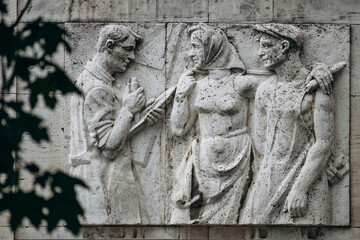Bratislava, Slovakia - August 7, 2024: The facade of a Soviet building in the center of Bratislava