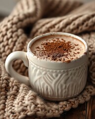 A close-up shot of a hot chocolate served in a ceramic mug with a sprinkle of cocoa powder on top