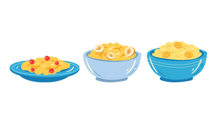 Bowls of different porridge with fruits berry and nuts line art simple style isolated set