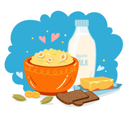 Cereal milk breakfast with black batter, fruits, butter, berries, milk line art simple style isolated concept 