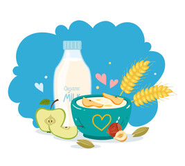 Cereal milk breakfast with black batter, fruits, butter, berries, milk line art simple style isolated concept 