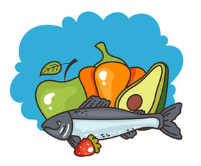 Healthy food meat fish vegetables simple line style isolated concept