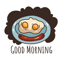 Morning breakfast porridge and scrambled eggs with sausage simple line style isolated concept 