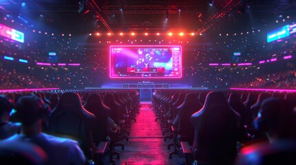Vibrant E-Sports Event Background with Neon Lights and Large Screen in Modern Arena