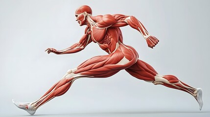 Muscular System Highlighted in Motion: A dynamic illustration of the muscular system during a running motion, focusing on the leg muscles as they contract and extend.
