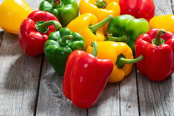 Fresh sweet bell pepper ( paprika ) photography red , green and yellow . Colorful vegetable . Top view