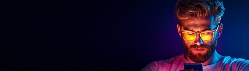 A man in a dark room, staring at his phone with frustration as he struggles to sleep due to overwhelming stress