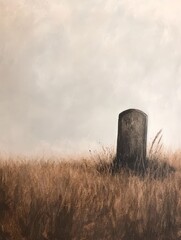 A solitary gravestone stands amidst tall grass under a cloudy sky, evoking themes of remembrance and solitude.