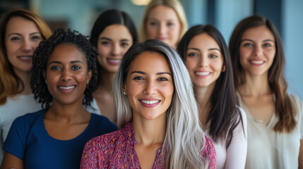Obraz premium A promotional style photo of a group of happy, confident women of varying ethnicities, looking to camera and smiling. Wide landscape format 16:9 with copy space 
