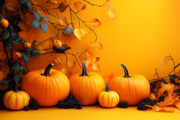 Naklejka premium Halloween bright yellow background with pumpkins