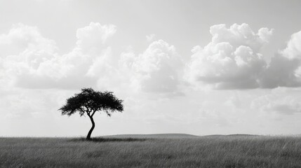 Obraz premium The endless horizon of the Serengeti, with a single acacia tree silhouetted against the sky.