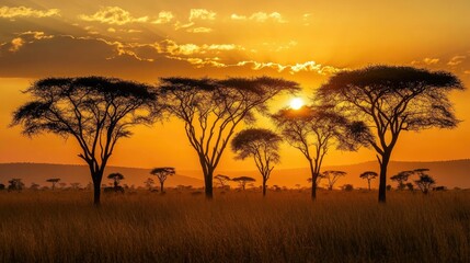 Naklejka premium The endless savanna of Serengeti National Park, with acacia trees silhouetted against a golden sunset.