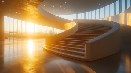 Obraz premium Modern Architectural Interior with Curved Staircase and Sunlit Windows in Minimalist Design