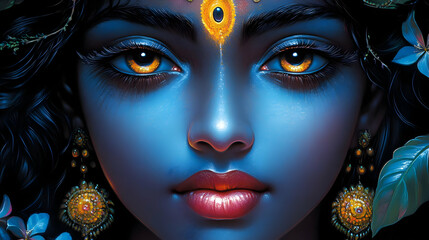 A vibrant portrait of a woman with striking blue skin and captivating eyes, adorned with jewelry.