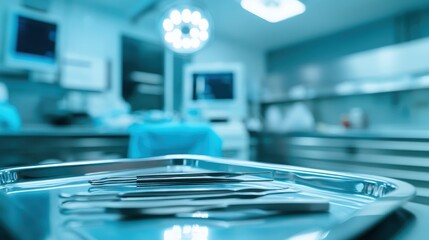 Fototapeta premium Close-up of a sterile medical tray with surgical instruments, focus on the scalpel and forceps, blurred operating room in the background.