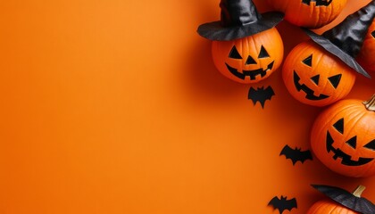 A festive arrangement of carved pumpkins with witch hats and bats on an orange background, celebrating Halloween.