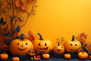 Halloween bright yellow background with pumpkins