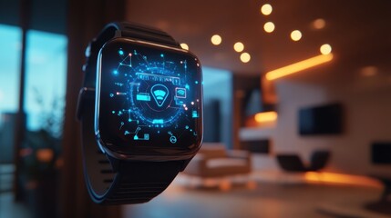 Close-up of a smartwatch syncing biometric data to the cloud, glowing connection symbols, blurred modern home background.