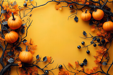 Halloween bright yellow background with pumpkins