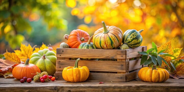 Autumn garden decor with pumpkins and vegetable marrows in wooden box on fall background, Thanksgiving celebration