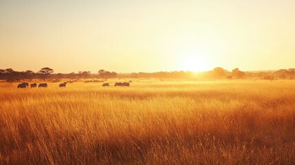 Fototapeta premium The golden grasslands of Kruger National Park at dawn, with a herd of zebras grazing in the distance.