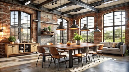 Industrial style dining room in a loft space with exposed brick walls and metal accents