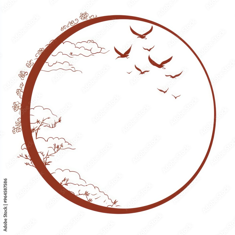 Poster Chinese Traditional Circle Frame with Mountains and Birds