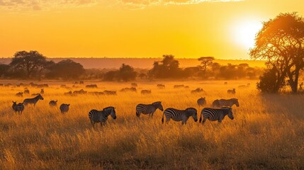 The golden grasslands of Kruger National Park at dawn, with a herd of zebras grazing in the distance.