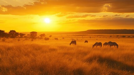 The golden grasslands of Kruger National Park at sunset, with a herd of zebras grazing in the distance.