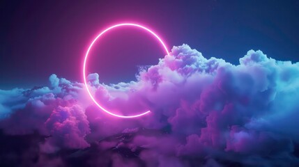 Purple sky with clouds and a neon pink circle light.