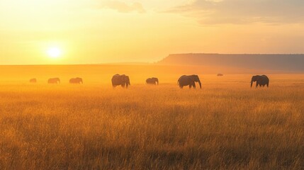 The golden grasslands of the Serengeti at sunrise, with a herd of elephants grazing in the distance.