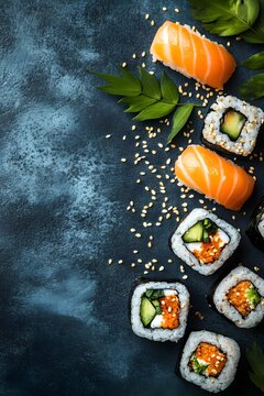 Sushi auf dunklem Hintergrund mit Sojasauce und Essst&auml;bchen &ndash; minimalistische Anordnung
