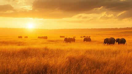 The golden grasslands of the Serengeti at sunrise, with a herd of elephants grazing in the distance.