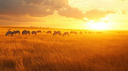 Obraz premium The golden grasslands of the Serengeti at sunset, with a herd of zebras grazing in the distance.