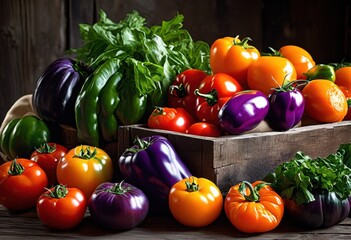 colorful vibrant arrangement fresh produce displayed rustic wooden surface culinary inspiration, vegetables, fruits, healthy, organic, showcase, ingredients