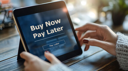 A person using a tablet with a "Buy Now, Pay Later" option on the screen